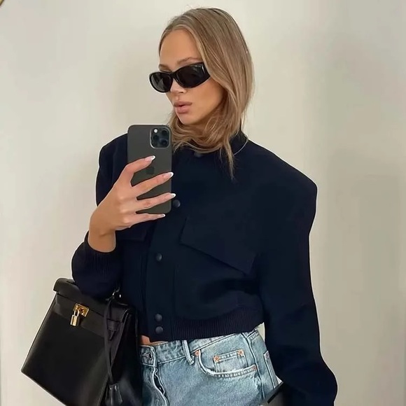 79. influencer blue Bomber Jacket Cropped Fitted Coat button down with pockets - Picture 5 of 8